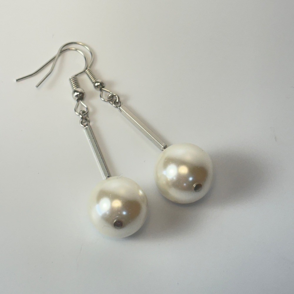 Faux Pearl Drop Earrings Silver White Minimalist Statement Boho Chic Preppy